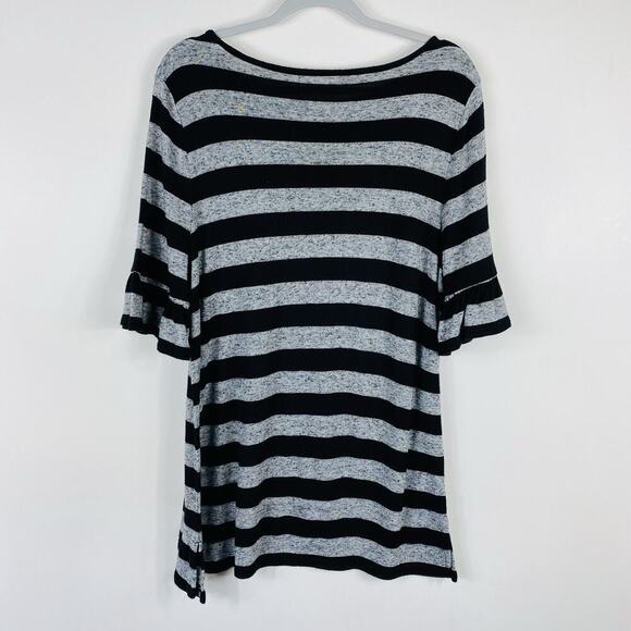 Ann Taylor LOFT Size Large Striped Ruffle Sleeve Top Black Gray Linen Blend - Picture 3 of 4